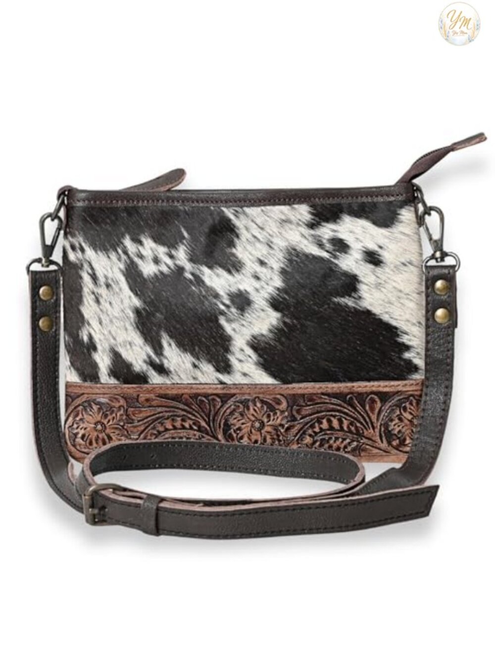 Genuine Leather Crossbody Bag - Tooled Cowhide Purse